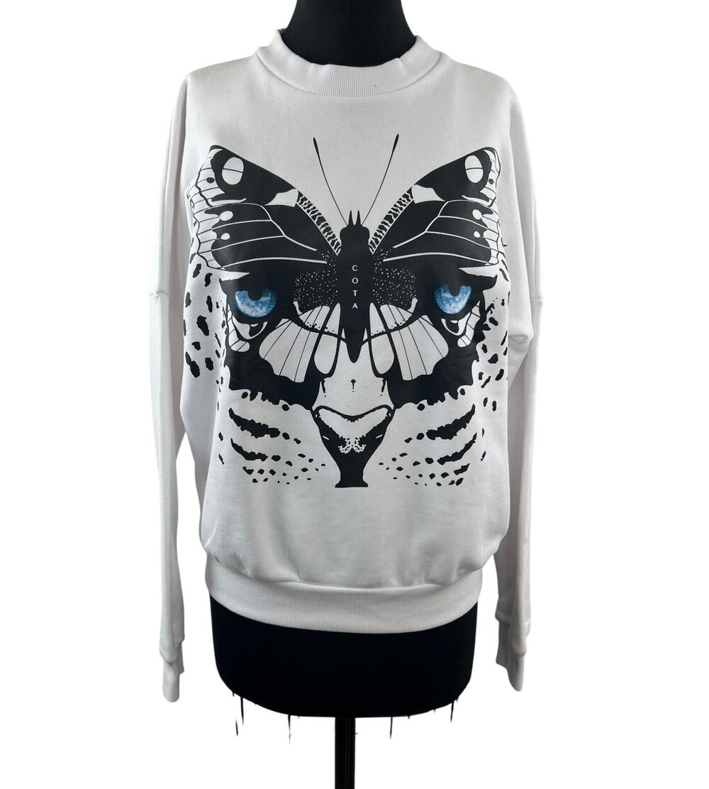Jonny Cota White Black Sweatshirt Butterfly Leopard Wings Drop Shoulder Small S